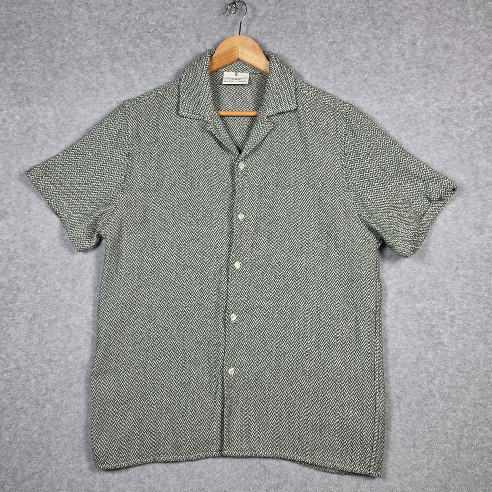 Larsson & Co Camp Shirt Mens Size Medium Olive Knit Herringbone Cotton Blend